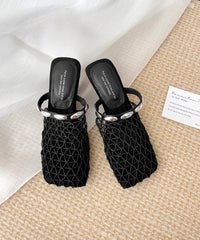 Stylish Hollow Out Splicing Wedge Black Cowhide Leather Slide Sandals