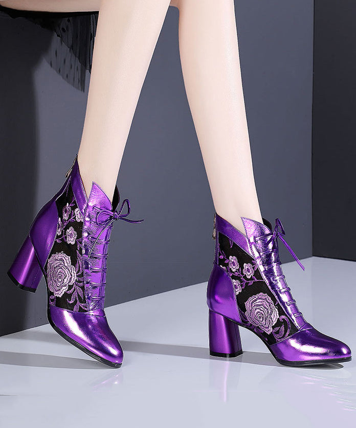 Purple Breathable Mesh Splicing Cowhide Leather Chunky Boots