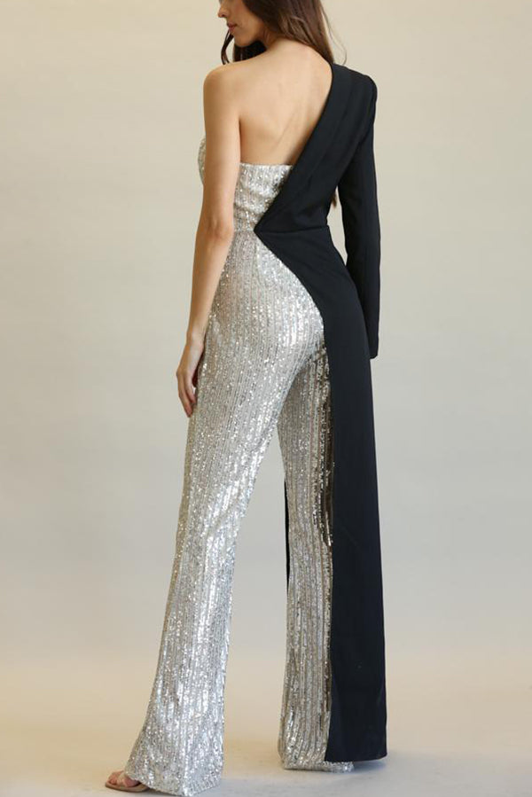 Sequined Patchwork One-sided Long-sleeved Asymmetrical Jumpsuit