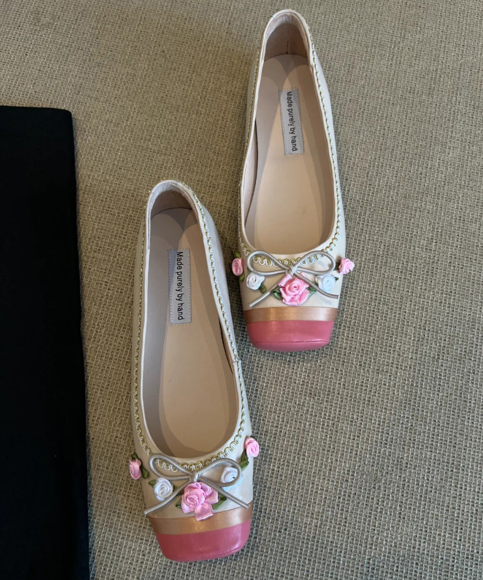 Pink Floral Embroidered Splicing French Flat Shoes For Women