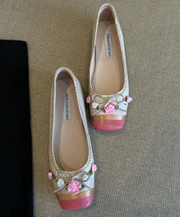 Pink Floral Embroidered Splicing French Flat Shoes For Women