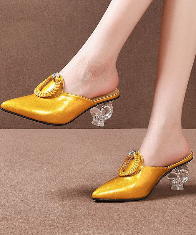 Pointed Toe Chunky Clear Heels Green Cowhide Leather Slide Sandals