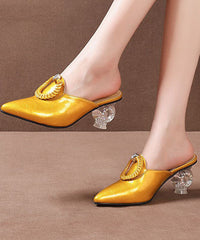 Pointed Toe Chunky Clear Heels Green Cowhide Leather Slide Sandals