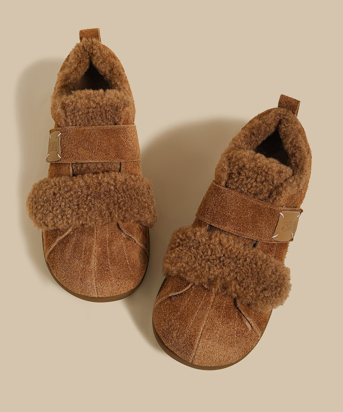 Camel Suede Flat Feet Shoes Splicing Fuzzy Wool Lined