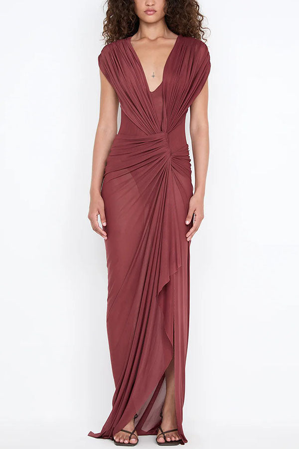 Leia Tulle Pleats and Knotted Detail Drape Slit Maxi Dress