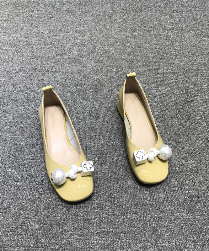 Chic Comfy Bow Splicing Flats Yellow Cowhide Leather