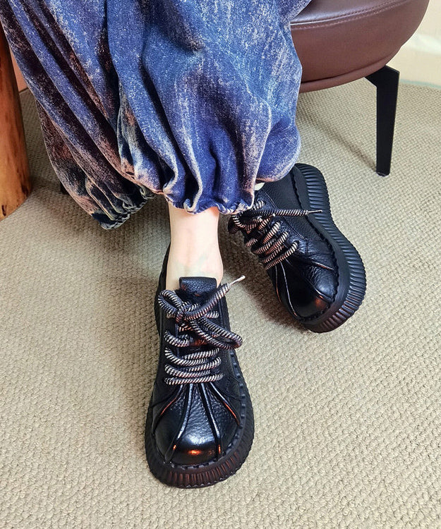 Black Lace Up Splicing Cowhide Leather Platform Shoes