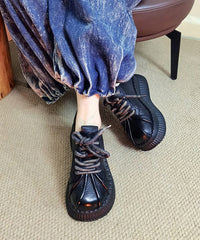 Black Lace Up Splicing Cowhide Leather Platform Shoes