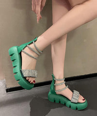 Splicing Zircon Platform Sandals Green Faux Leather