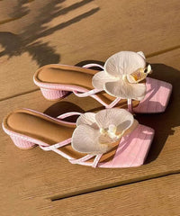 Pink Floral Splicing Chunky Slide Sandals Peep Toe