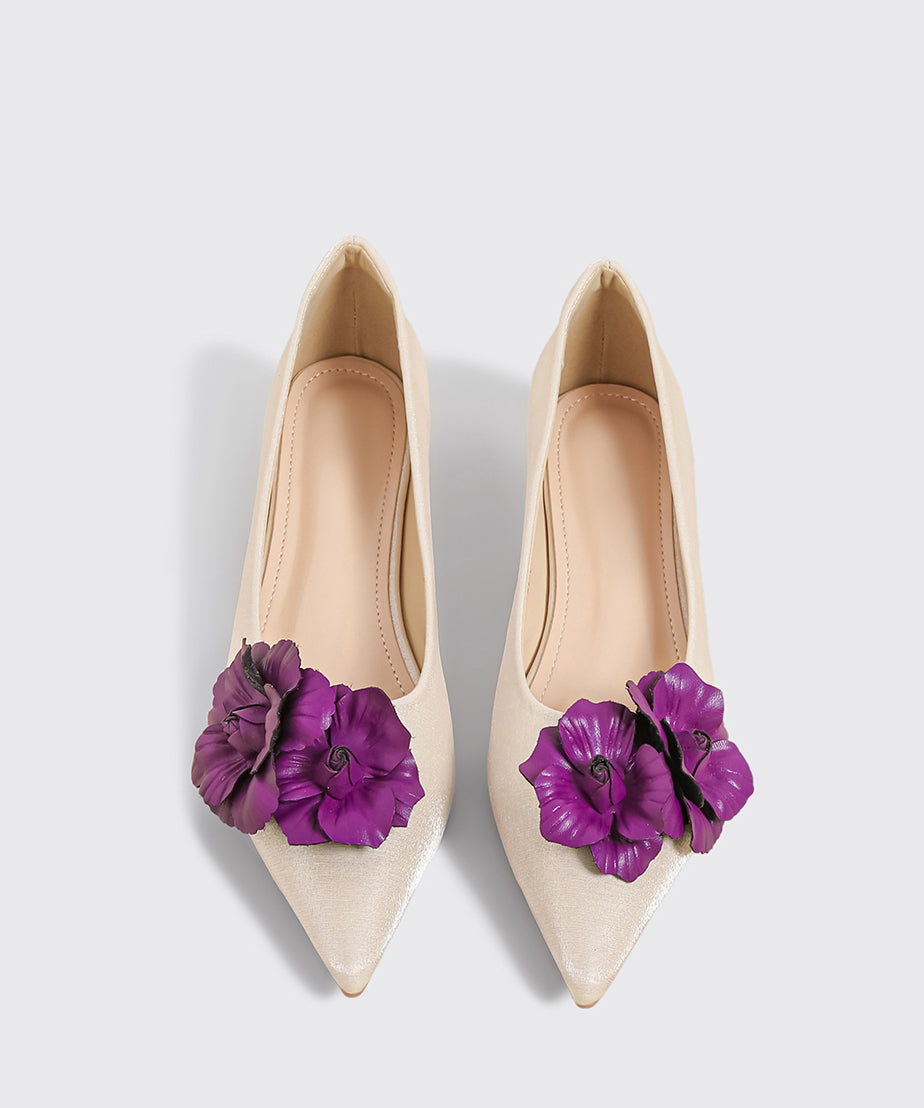 Champagne Faux Leather Women Floral Splicing Flat Feet Shoes