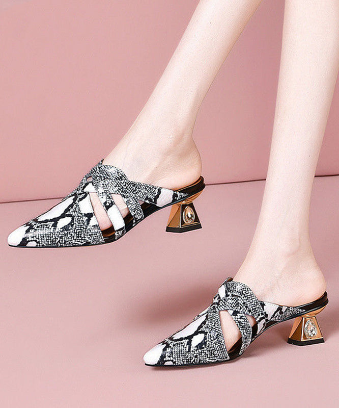 Beige Cowhide Leather Hollow Out Splicing Slide Sandals Pointed Toe