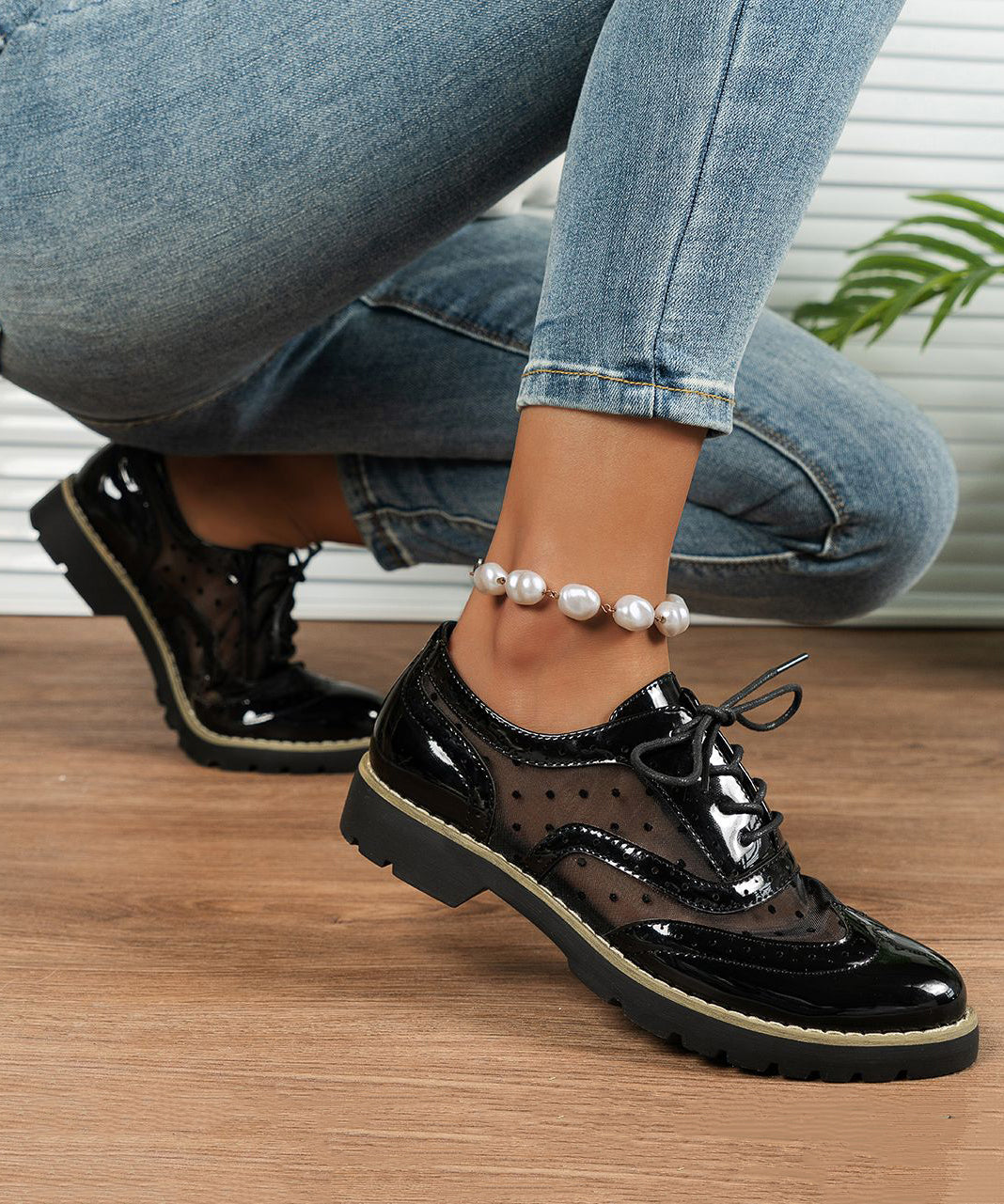 Black Flat Feet Shoes Faux Leather Casual Splicing