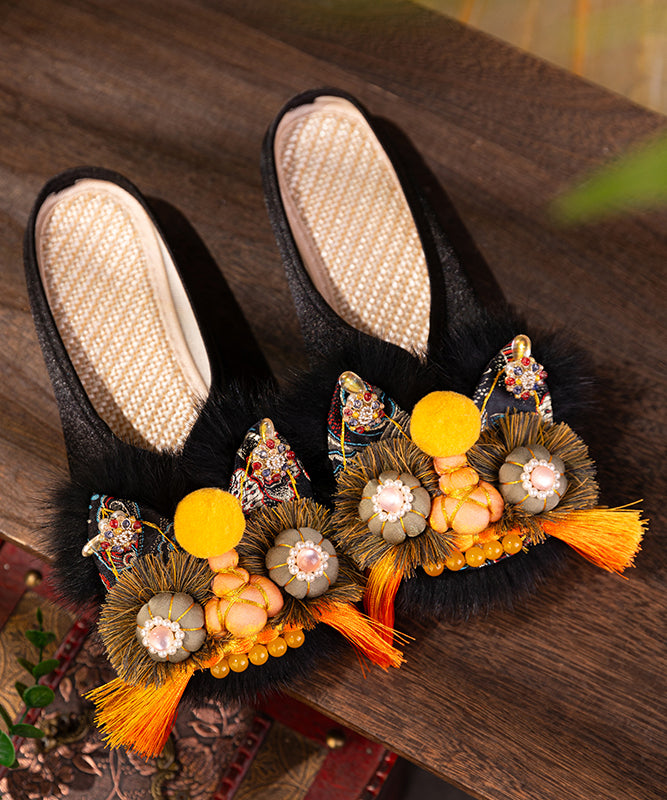 Handmade Comfortable Black Satin Slippers