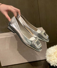 Zircon Sequined Flats Silver Cowhide Leather