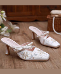 White Satin Embroidery High Heel Slippers