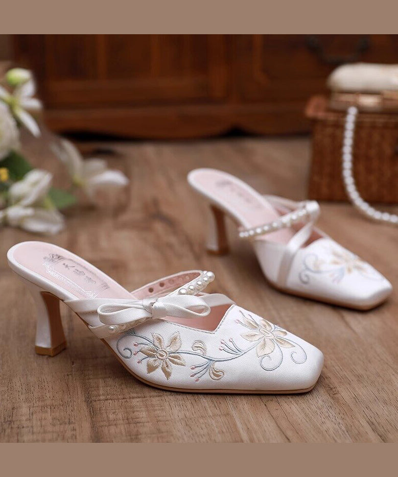 White Satin Embroidery High Heel Slippers