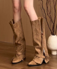 Chocolate Zippered Suede Splicing Wedge Heel Boots