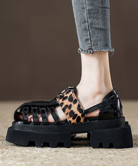Platform Black Leopard Roman Sandals Hollow Out Design