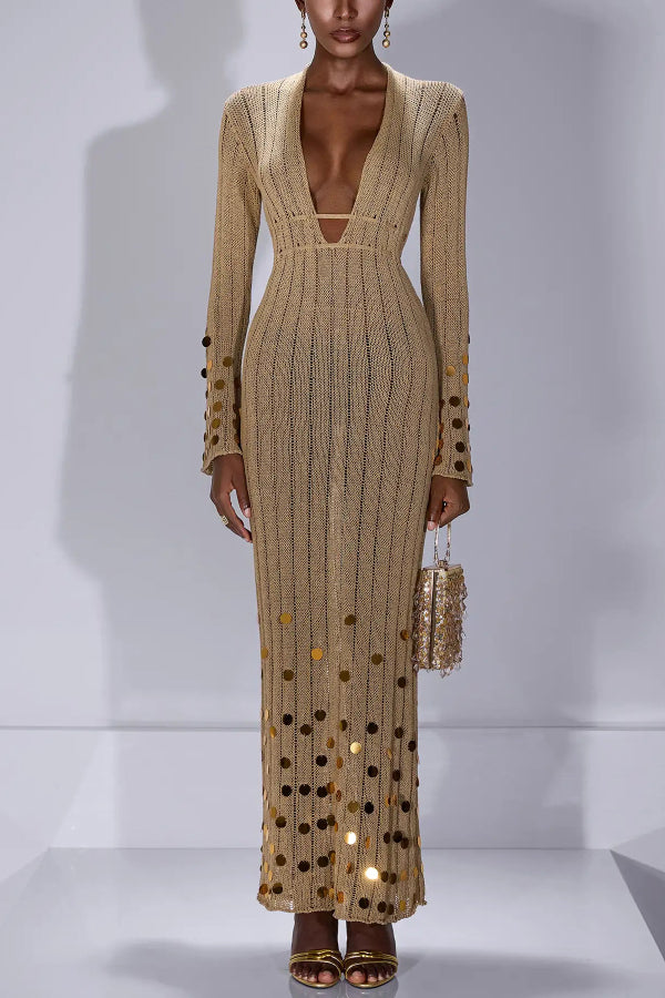 V-neck Flared Long-sleeved Knit Sequined Maxi Dress