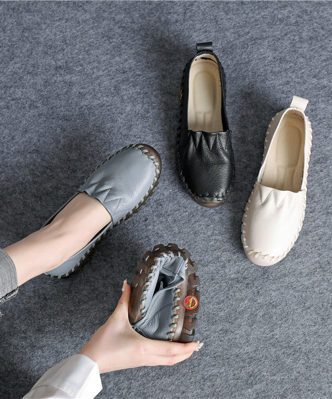 Beige Platform Flat Shoes For Cowhide Leather