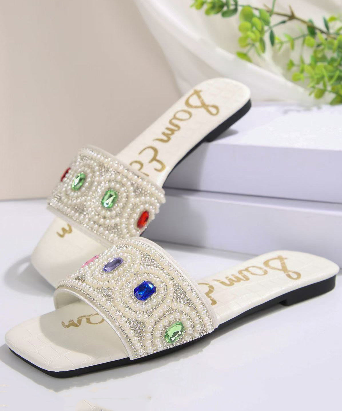 White Zircon Splicing Slide Sandals Slide Sandals