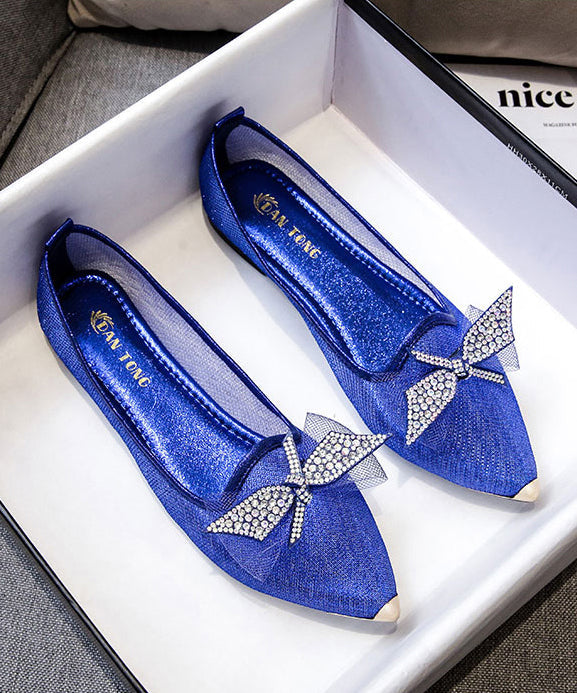 Summer Champagne Bow Zircon Pointed Flat Shoes