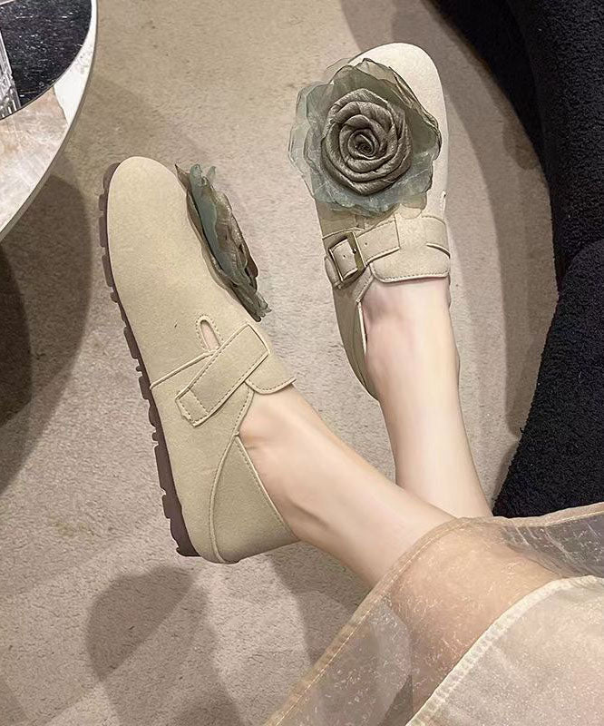 Khaki Floral Faux Leather Soft Splicing Flat Shoes For Women