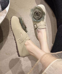 Khaki Floral Faux Leather Soft Splicing Flat Shoes For Women