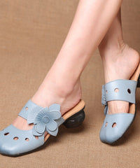 Blue Chunky Cowhide Leather Floral Hollow Out Slide Sandals