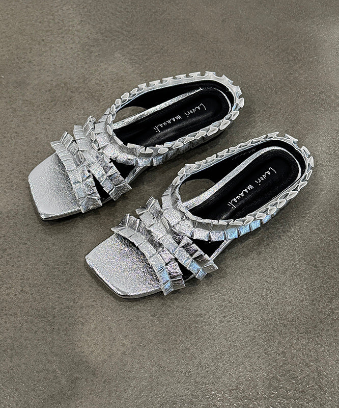 Black Wrinkled Sheepskin Slide Sandals Peep Toe