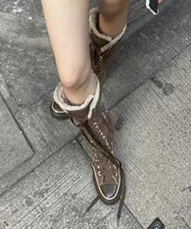 Brown Canvas Lace Up Splicing Boots Fuzzy Wool Lined