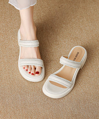 Beige Cowhide Leather Splicing Slide Sandals Peep Toe
