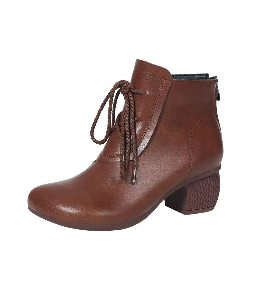 Black Chunky Cowhide Leather Comfy Splicing Boots Lace Up