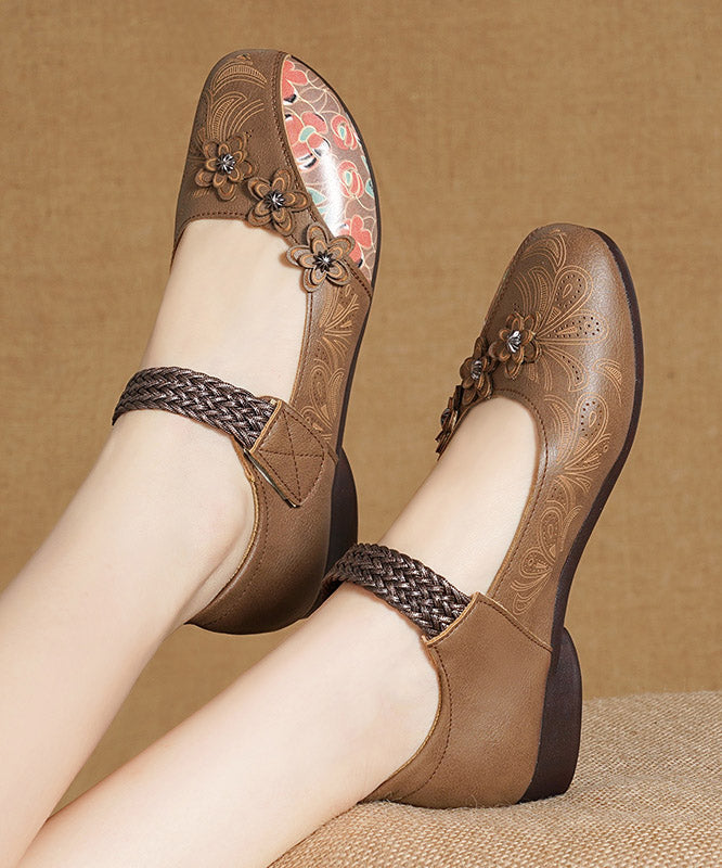 Khaki Genuine Leather Soft Splicing Flat Shoes