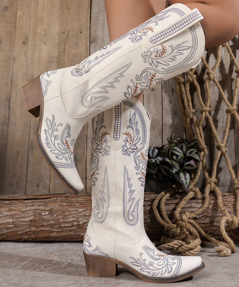 White Embossed Faux Leather Pointed Toe Chunky Thigh Boots