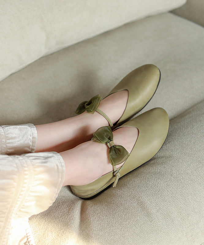 Green Flats Cowhide Leather Bow Buckle Strap Flats