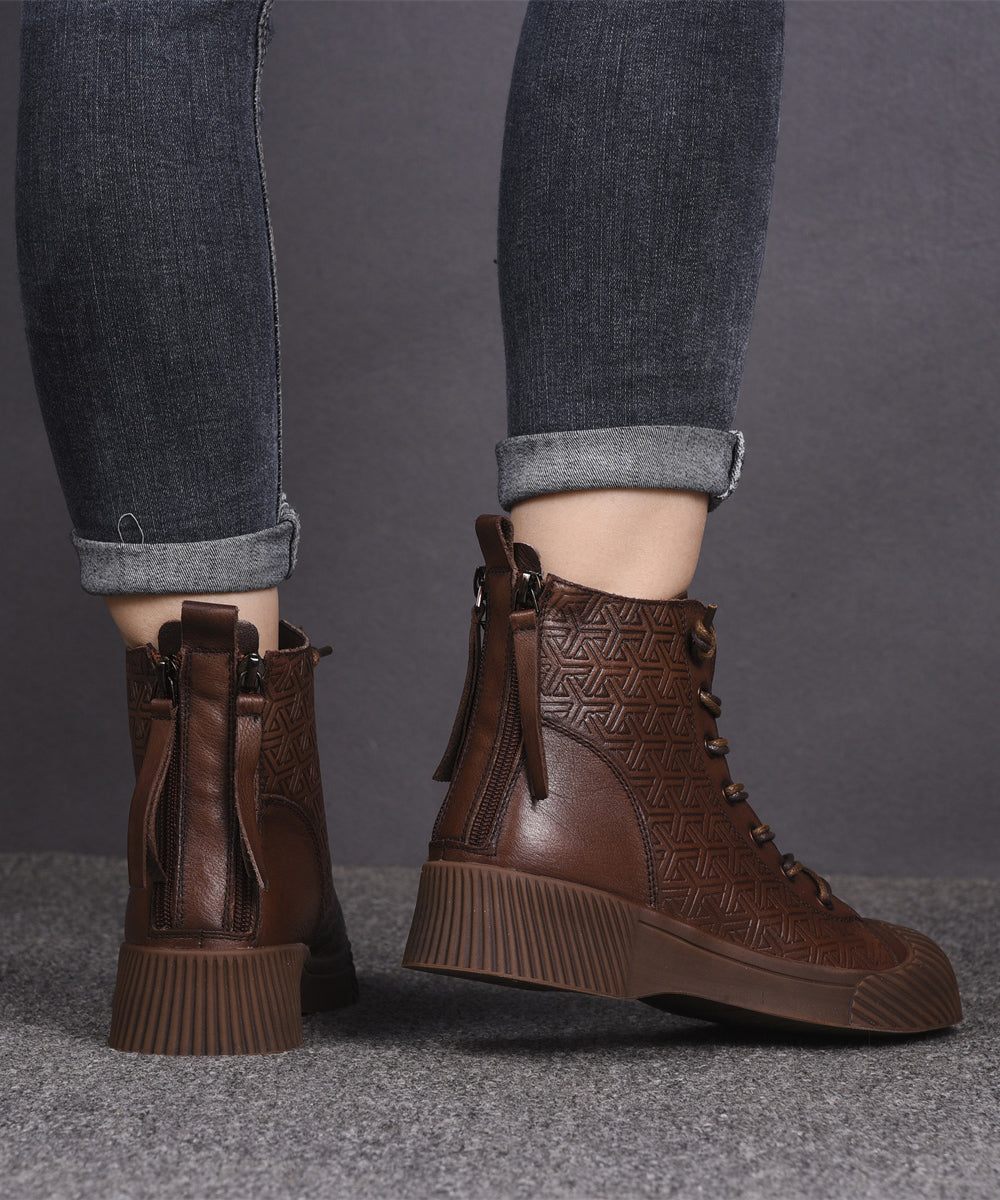 Brown Cowhide Leather Embossed Splicing Lace Up Boots