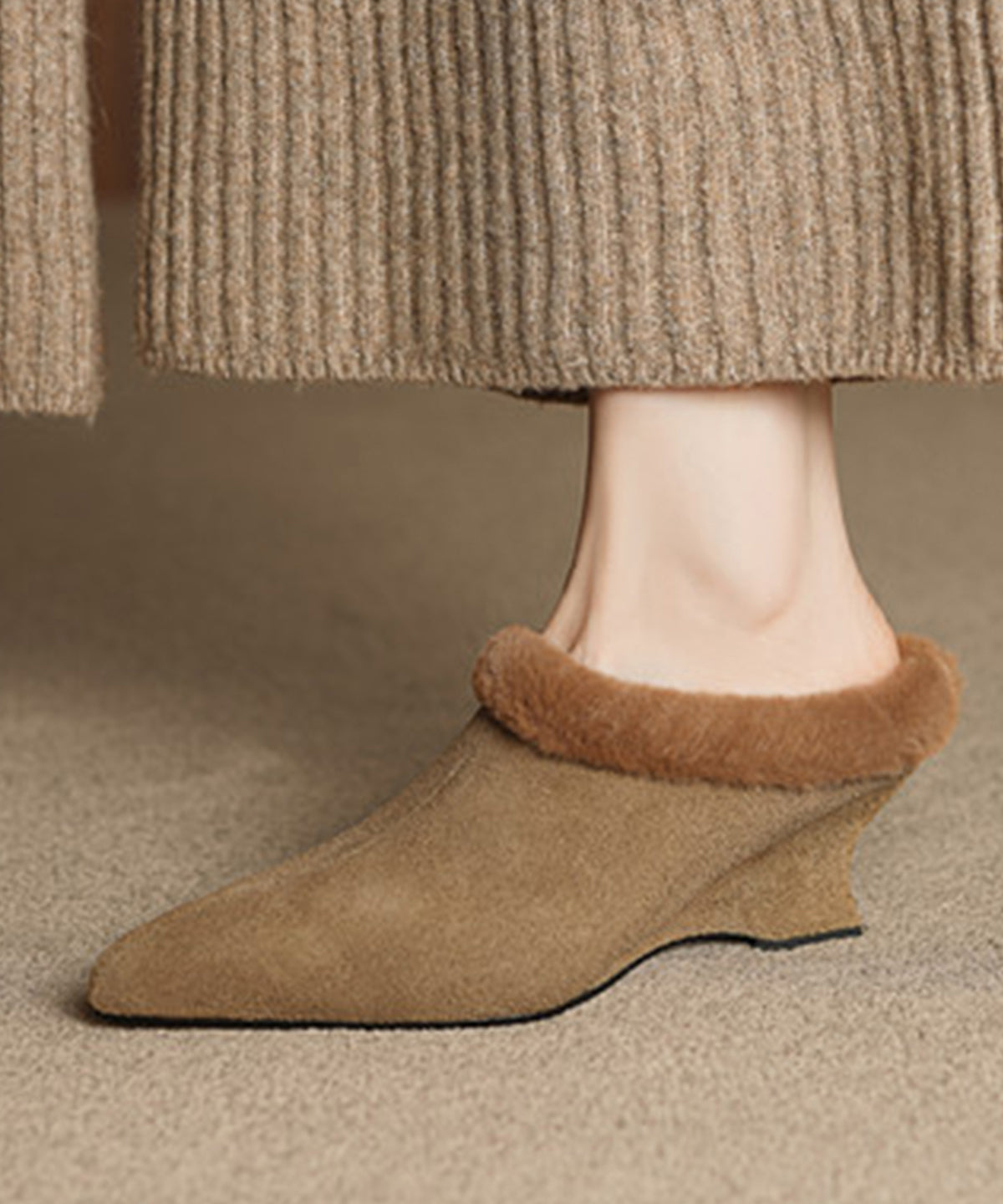 Splicing Wedge Slippers Shoes Black Suede Fuzzy Wool Lined