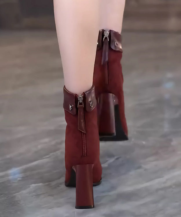 Mulberry Chunky Heel Suede Boots Splicing Pointed Toe