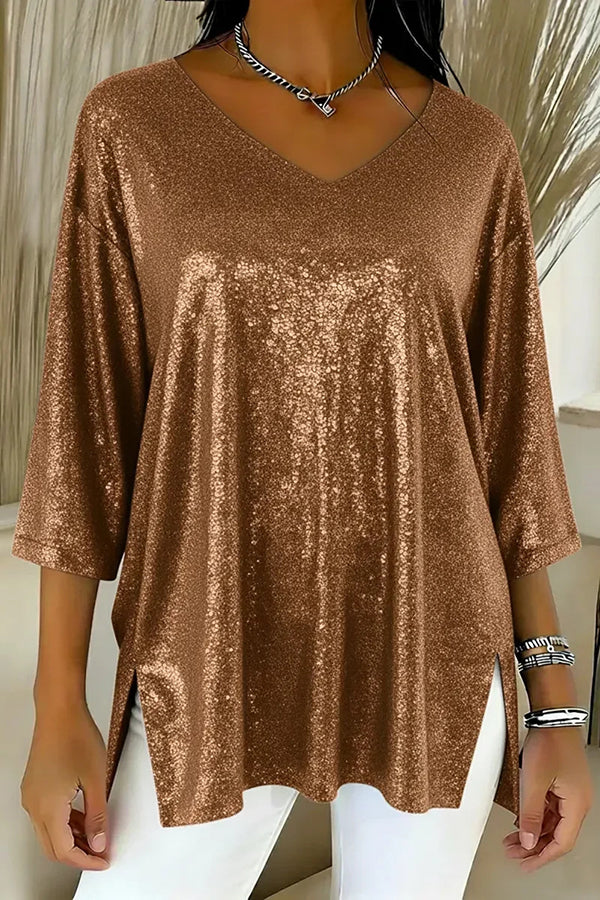 Solid Color Loose V-neck Shiny Casual Top