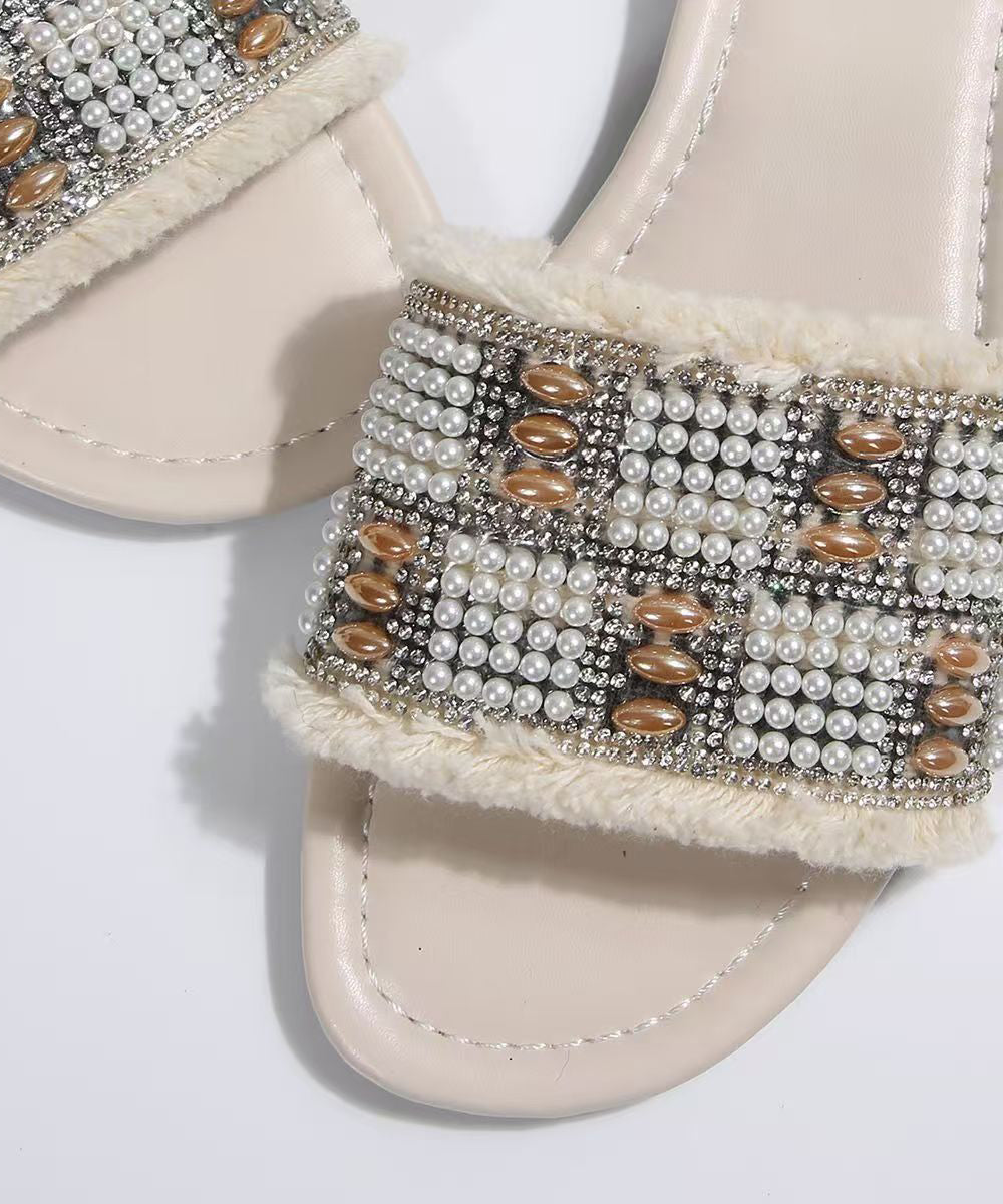 Beautiful Nail Bead Splicing White Faux Leather Slide Sandals