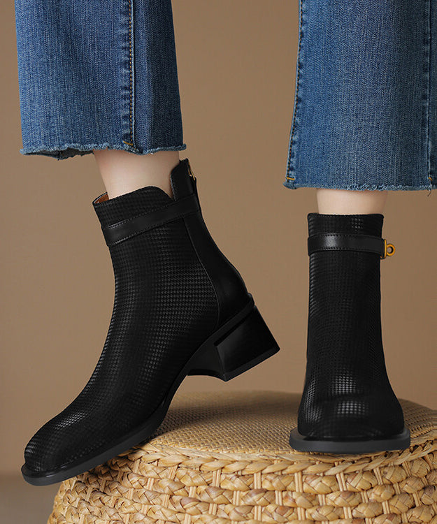 Zippered Splicing Chunky Boots Khaki Cowhide Leather