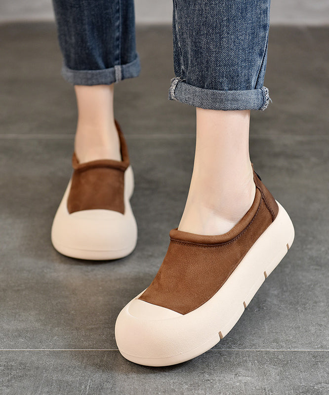 Brown Platform Cowhide Leather Simple Splicing Flat Shoes