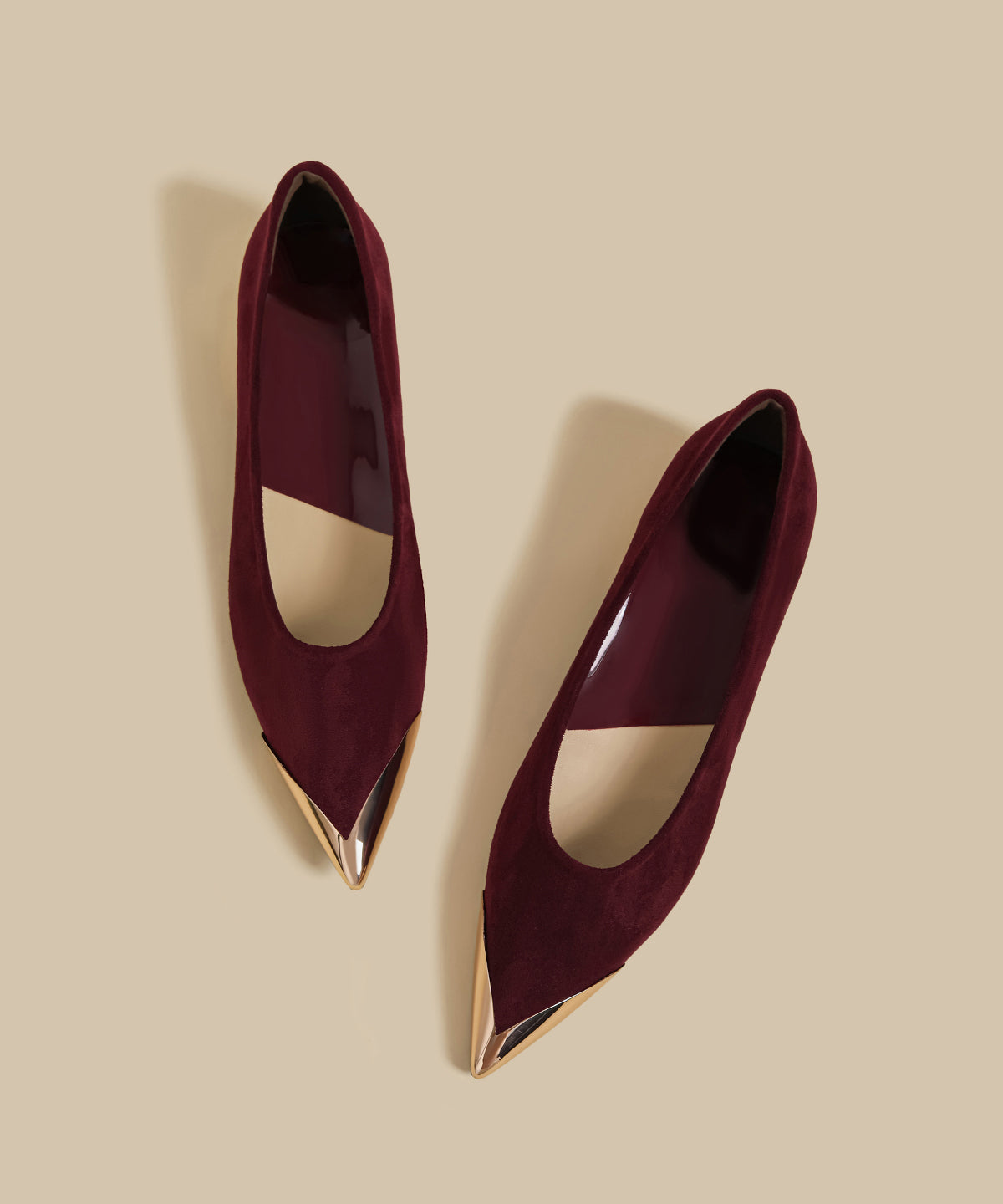 Wine Red Suede Splicing Flat Shoes Pointed Toe