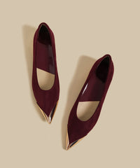 Women Wine Red Suede Splicing Flat Shoes Pointed Toe