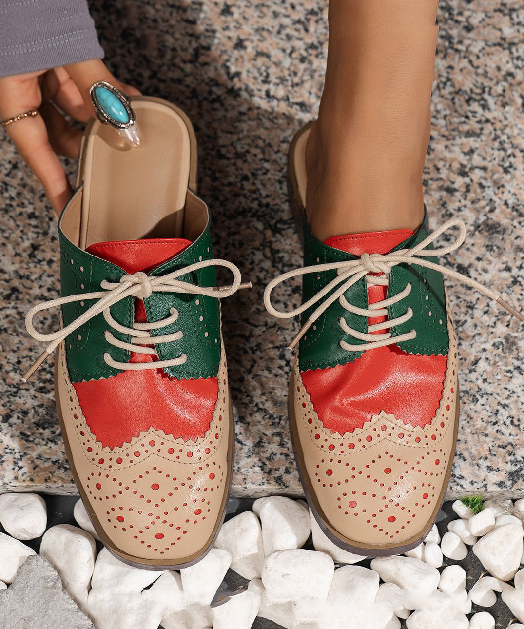 Red Lace Up Faux Leather Walking Low Heel Sandals