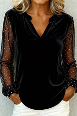 Solid Color Velvet Patchwork Sheer Long-sleeved Casual V-neck Top
