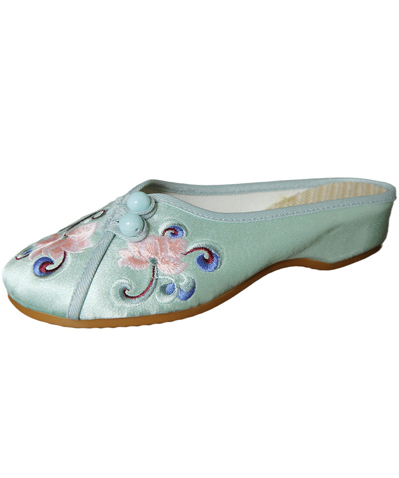 Green Embroideried Button Cotton Fabric Slide Sandals