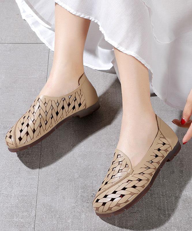 Casual Hollow Out Flat Feet Shoes Khaki Cowhide Leather Embossed Flats Shoes